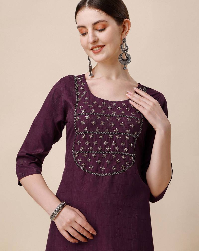 Wine rayon straight zardosi work plain casual kurta for women
