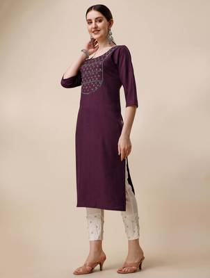 Wine rayon straight zardosi work plain casual kurta for women 3