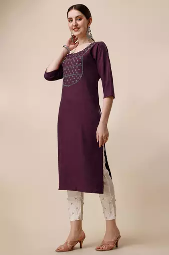 Wine rayon straight zardosi work plain casual kurta for women