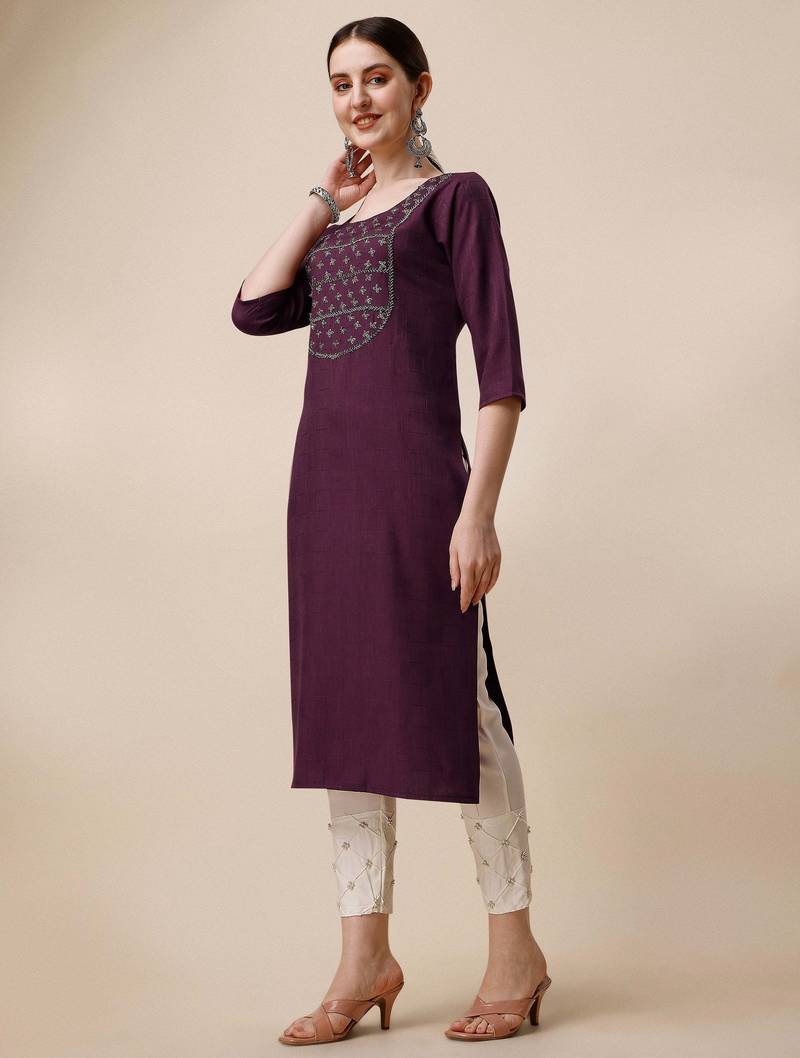 Wine rayon straight zardosi work plain casual kurta for women