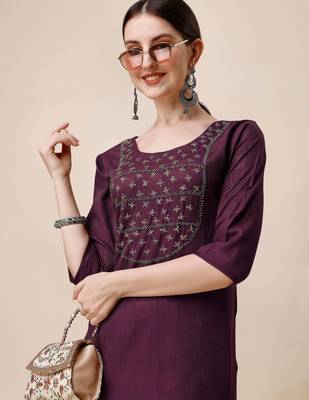 Wine rayon straight zardosi work plain casual kurta for women 4
