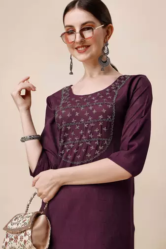 Wine rayon straight zardosi work plain casual kurta for women