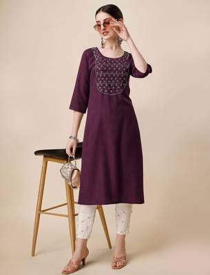 Wine rayon straight zardosi work plain casual kurta for women 5