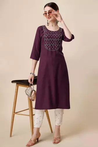 Wine rayon straight zardosi work plain casual kurta for women