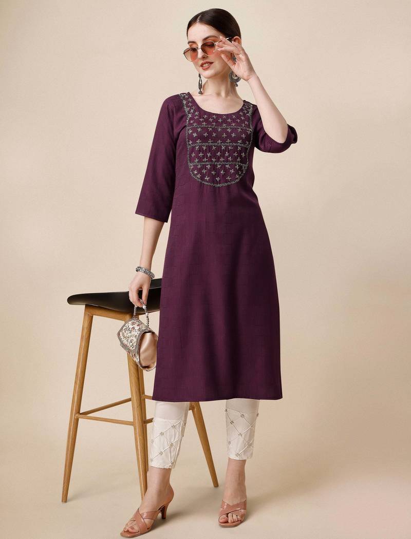 Wine rayon straight zardosi work plain casual kurta for women