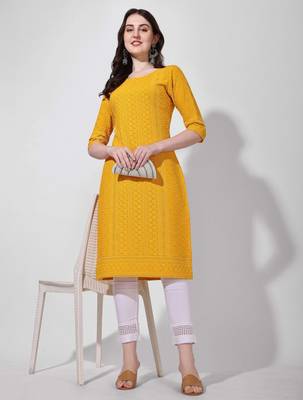 Yellow rayon straight chikankari embroidered casual kurta for women 1