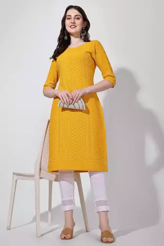 Yellow rayon straight chikankari embroidered casual kurta for women