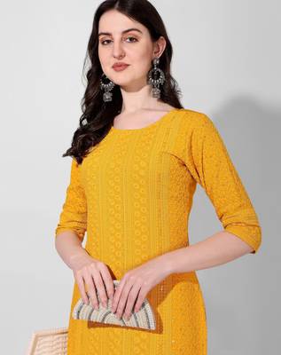 Yellow rayon straight chikankari embroidered casual kurta for women 2