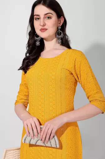 Yellow rayon straight chikankari embroidered casual kurta for women