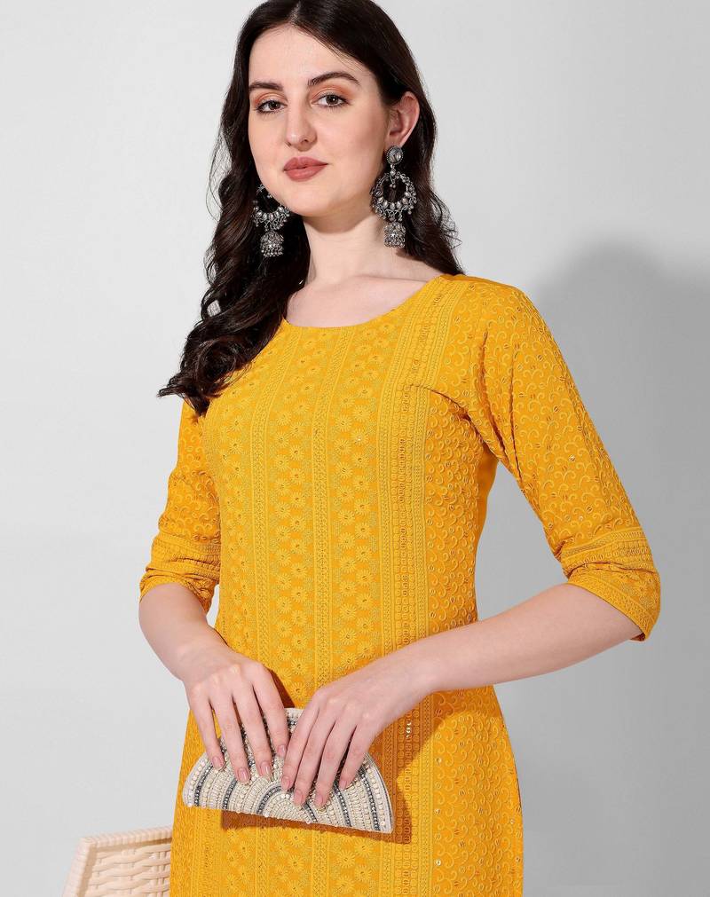 Yellow rayon straight chikankari embroidered casual kurta for women