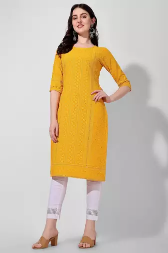 Yellow rayon straight chikankari embroidered casual kurta for women