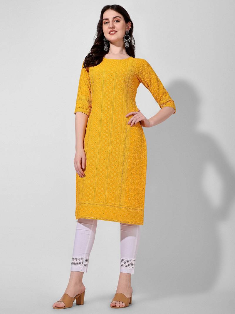 Yellow rayon straight chikankari embroidered casual kurta for women