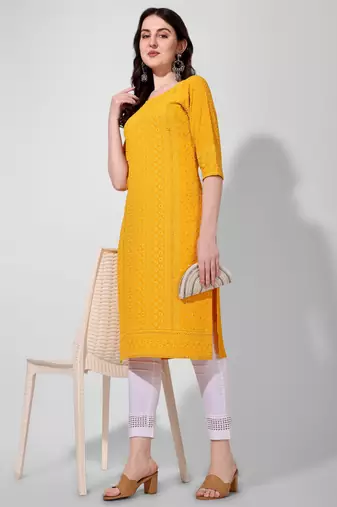 Yellow rayon straight chikankari embroidered casual kurta for women