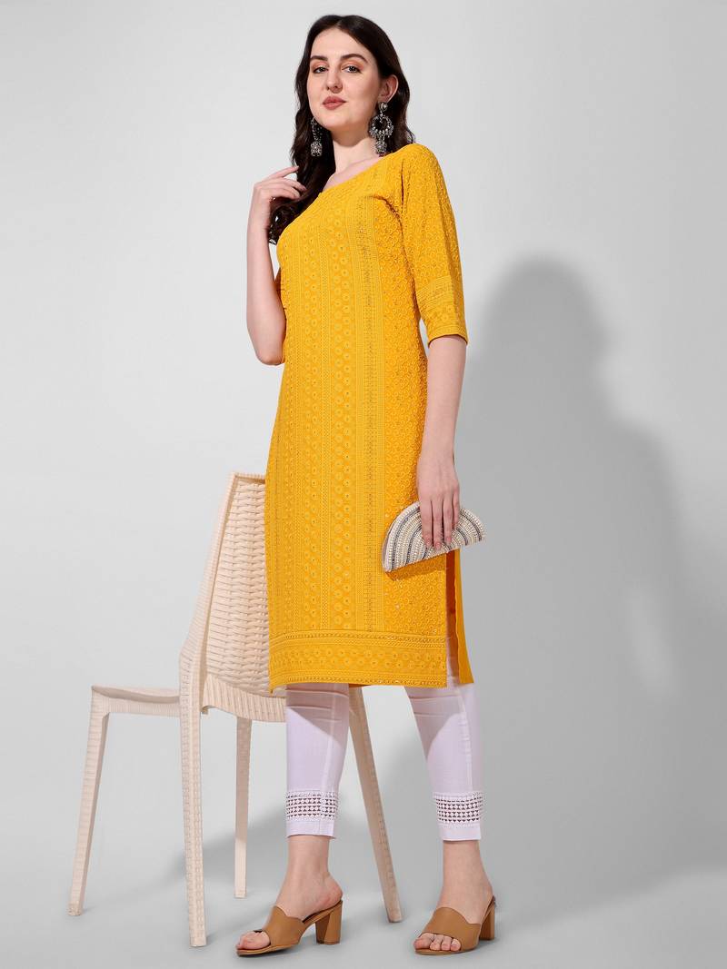 Yellow rayon straight chikankari embroidered casual kurta for women