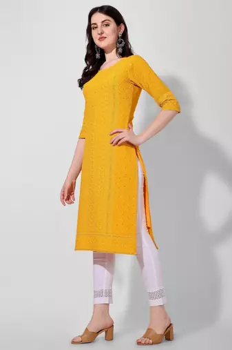 Yellow rayon straight chikankari embroidered casual kurta for women