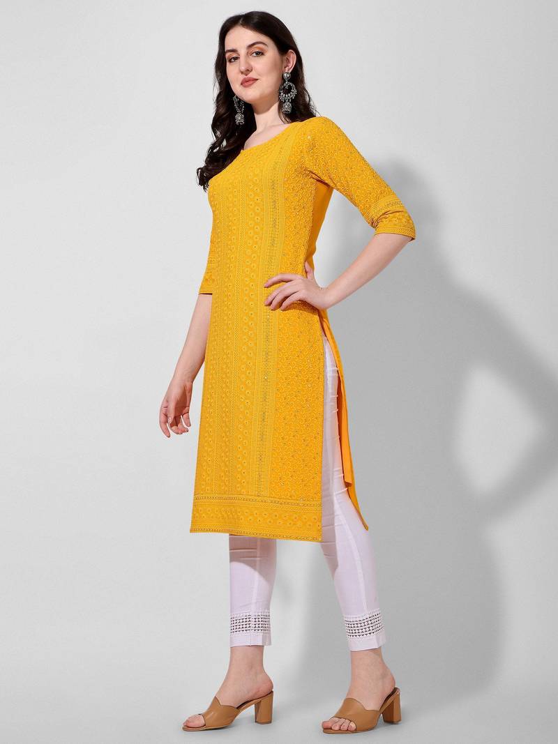 Yellow rayon straight chikankari embroidered casual kurta for women