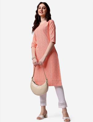 Peach rayon straight chikankari embroidered casual kurta for women 1