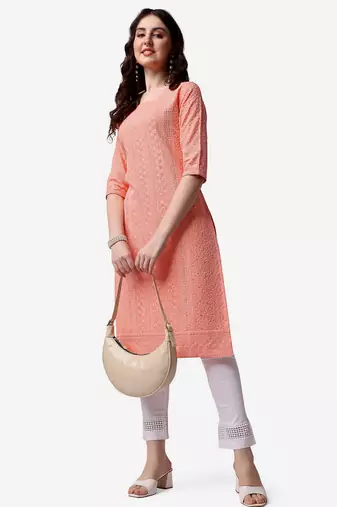 Peach rayon straight chikankari embroidered casual kurta for women