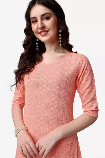 Peach rayon straight chikankari embroidered casual kurta for women