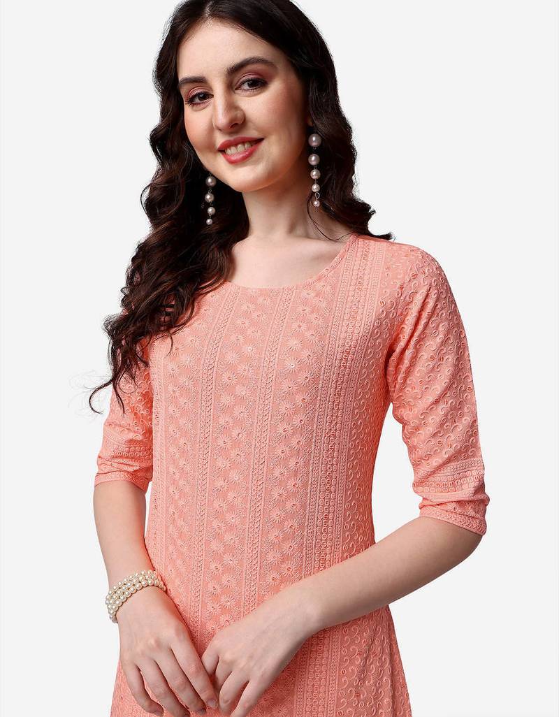 Peach rayon straight chikankari embroidered casual kurta for women