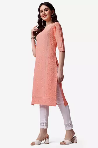 Peach rayon straight chikankari embroidered casual kurta for women