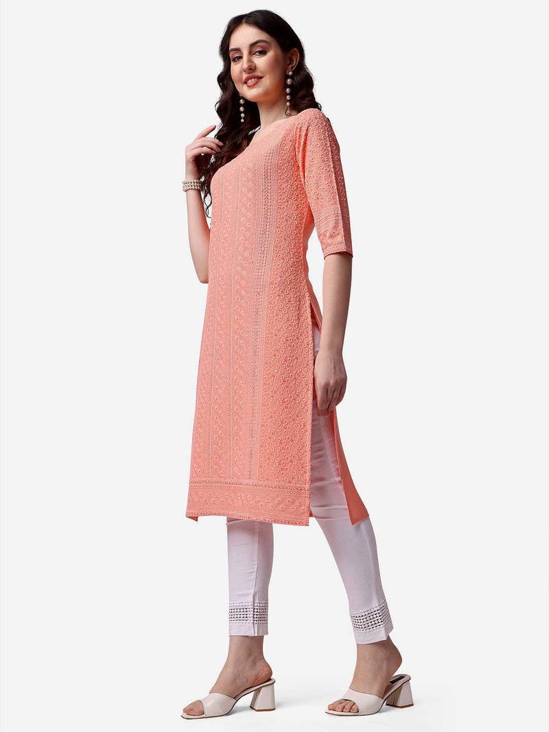 Peach rayon straight chikankari embroidered casual kurta for women