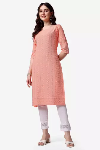 Peach rayon straight chikankari embroidered casual kurta for women