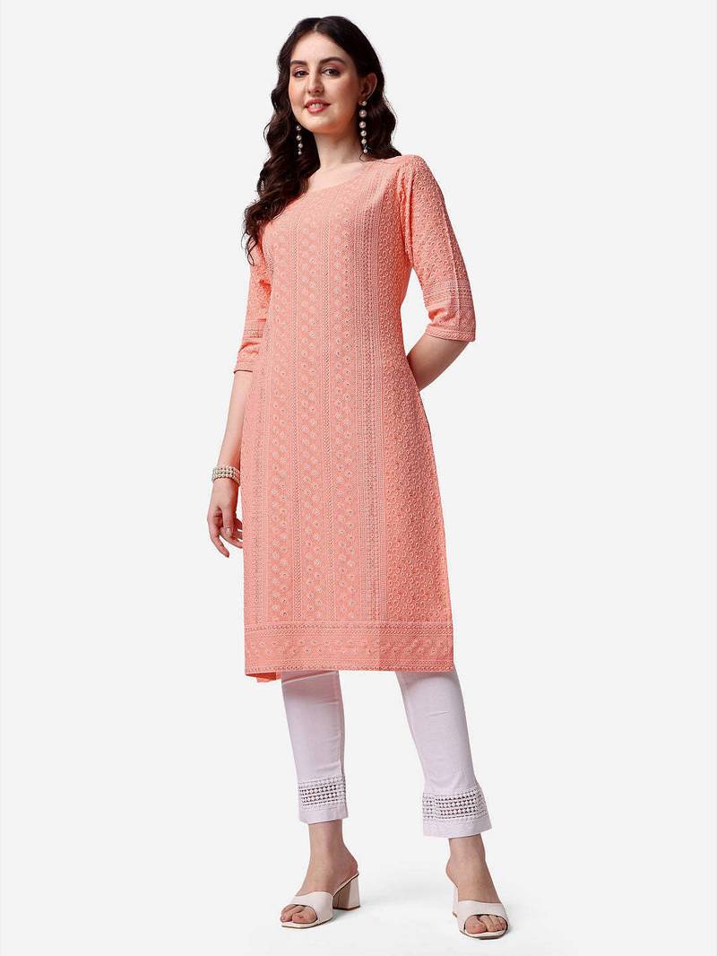 Peach rayon straight chikankari embroidered casual kurta for women