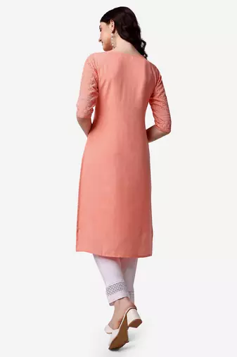 Peach rayon straight chikankari embroidered casual kurta for women