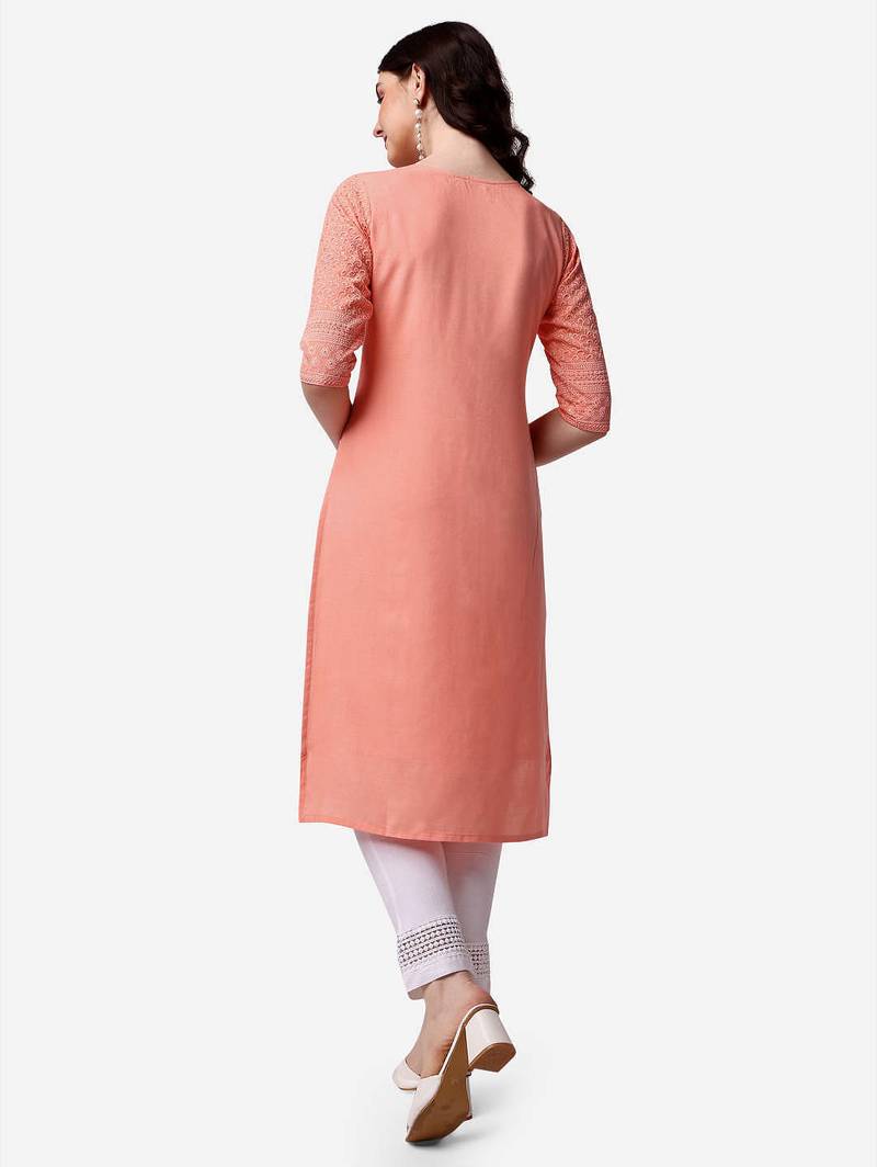 Peach rayon straight chikankari embroidered casual kurta for women
