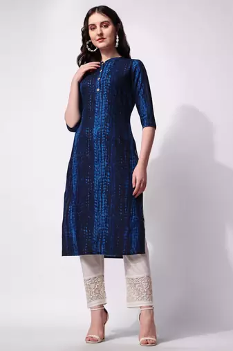 Blue rayon straight tie dye printed casual kurta for women