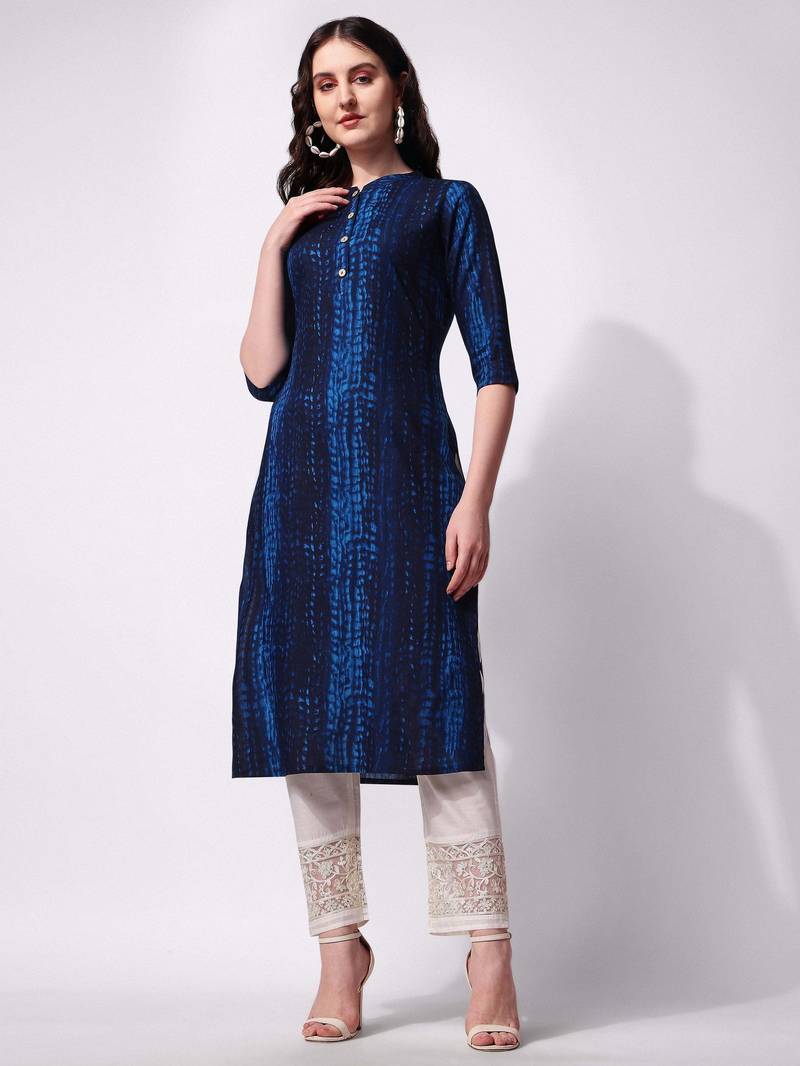 Blue rayon straight tie dye printed casual kurta for women