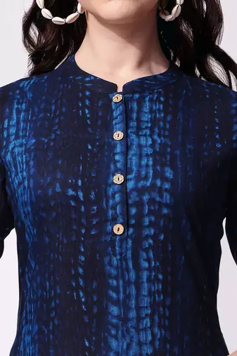 Blue rayon straight tie dye printed casual kurta for women