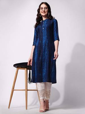 Blue rayon straight tie dye printed casual kurta for women 4