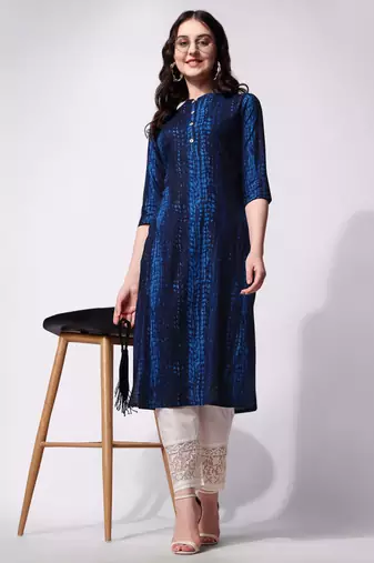 Blue rayon straight tie dye printed casual kurta for women