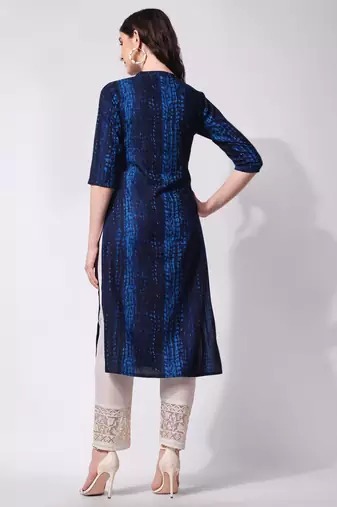 Blue rayon straight tie dye printed casual kurta for women