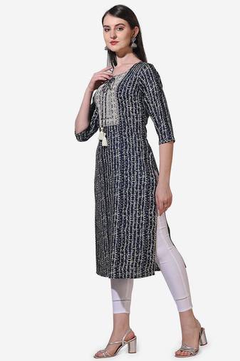 Blue rayon straight stripes printed casual kurta for women