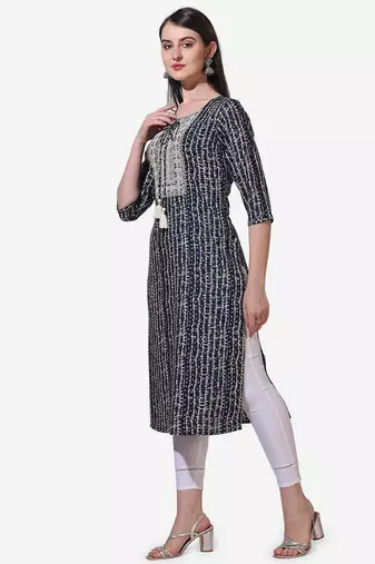 Blue rayon straight stripes printed casual kurta for women
