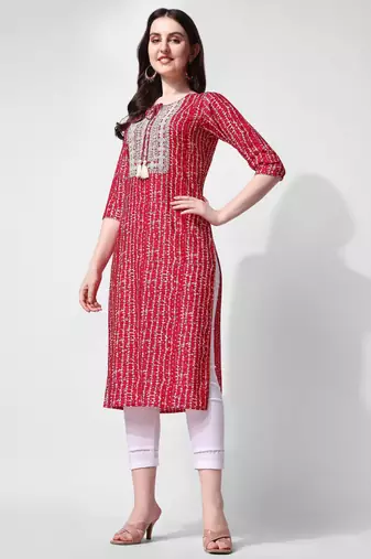 Red rayon straight stripes printed casual kurta for women