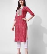 Red rayon straight stripes printed casual kurta for women