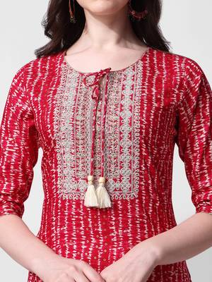 Red rayon straight stripes printed casual kurta for women 2