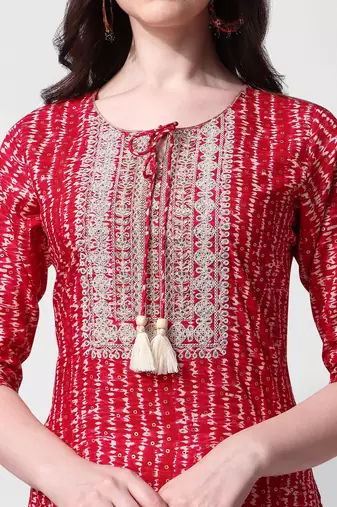Red rayon straight stripes printed casual kurta for women