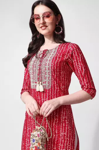 Red rayon straight stripes printed casual kurta for women
