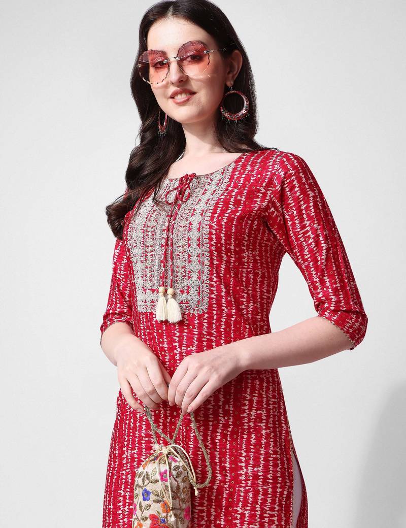 Red rayon straight stripes printed casual kurta for women