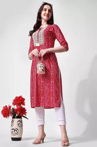 Red rayon straight stripes printed casual kurta for women
