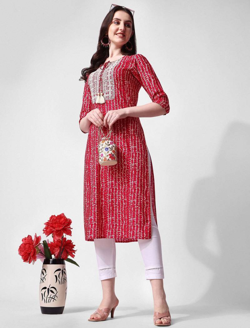 Red rayon straight stripes printed casual kurta for women