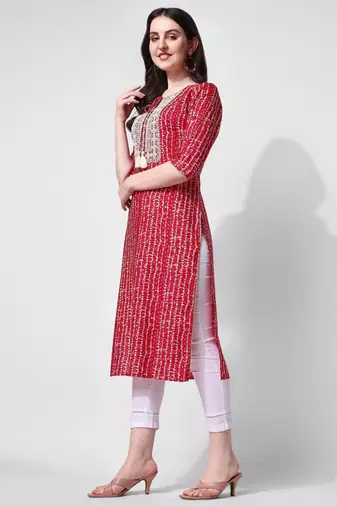 Red rayon straight stripes printed casual kurta for women