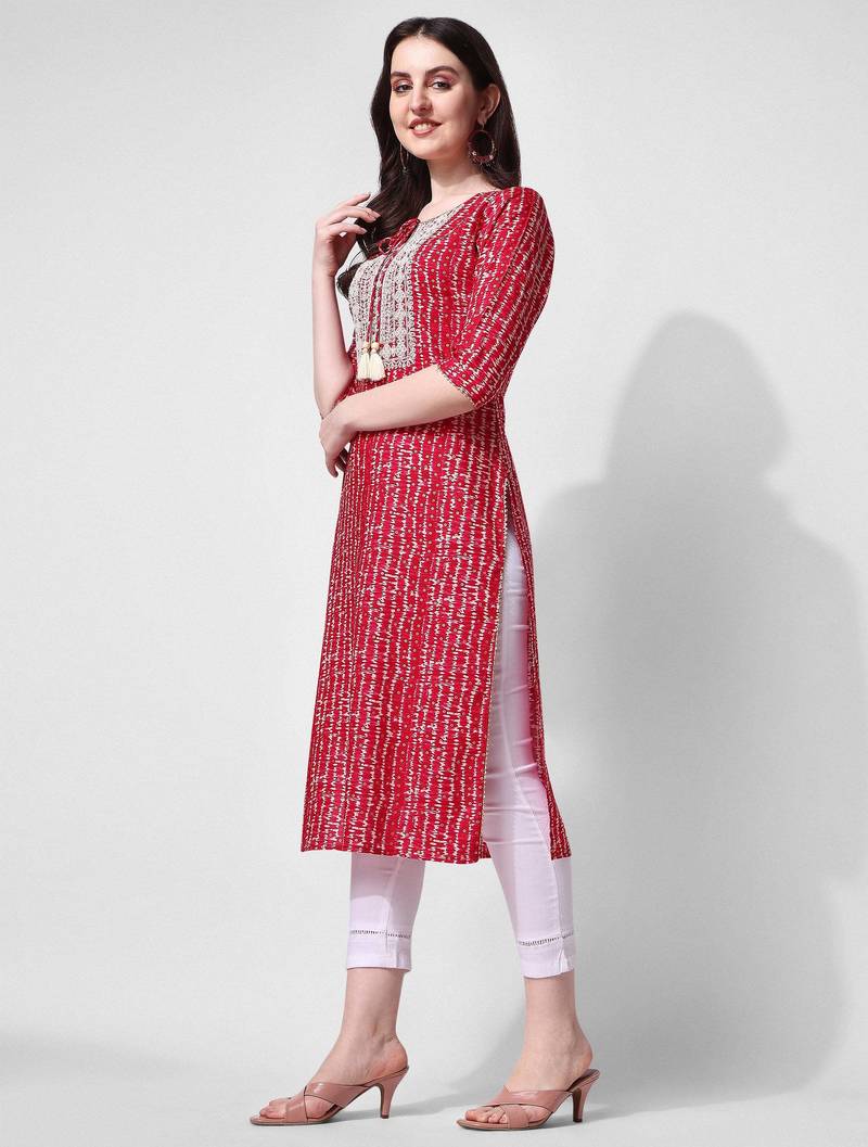 Red rayon straight stripes printed casual kurta for women