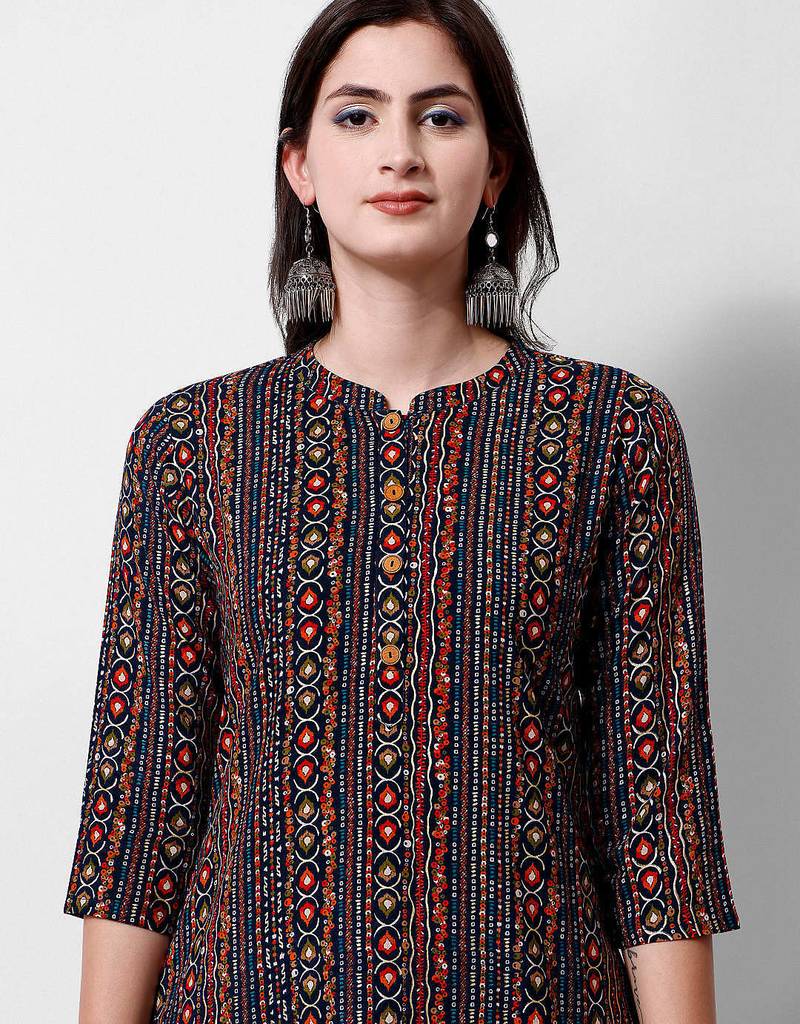 Multicolor rayon straight geometric printed casual kurta for women