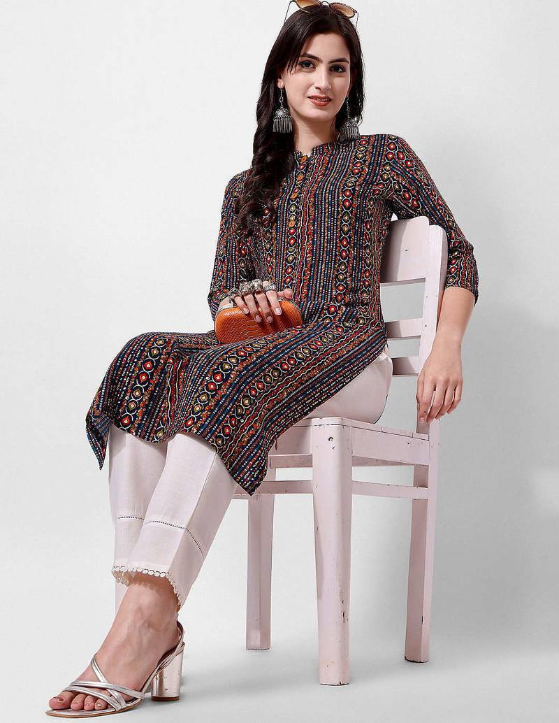 Multicolor rayon straight geometric printed casual kurta for women